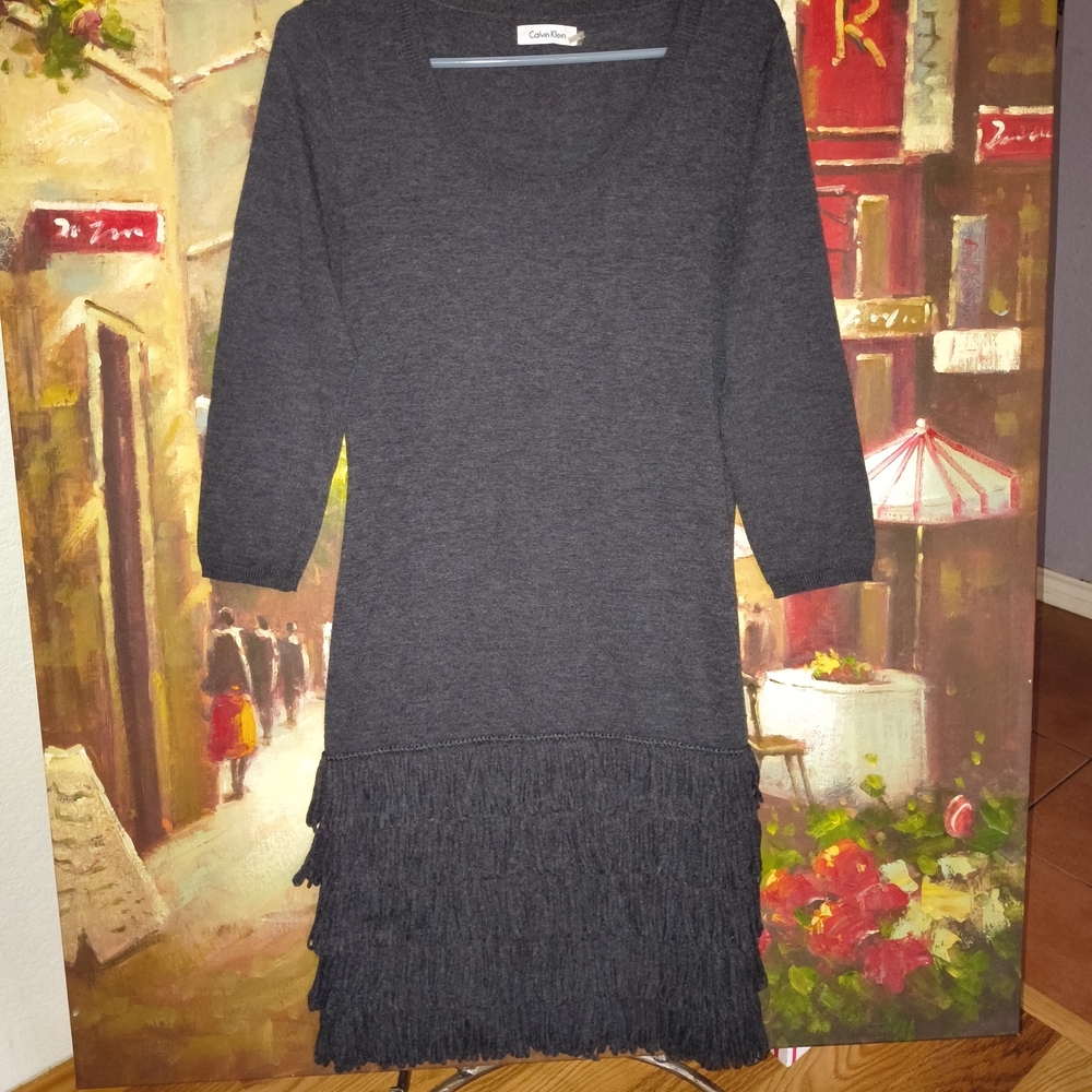 Calvin Klein Charcoal Fringe Midi Dress